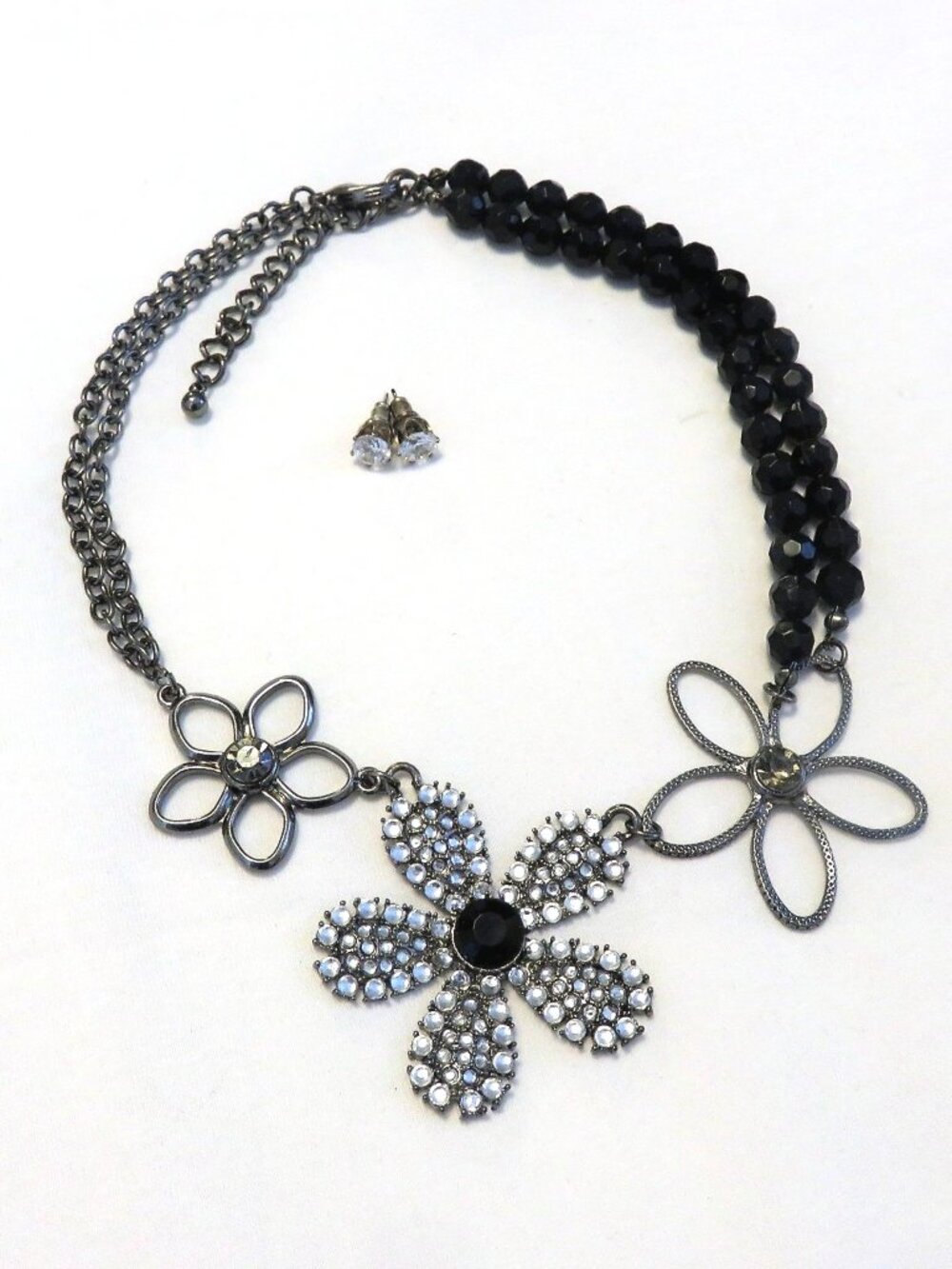 Silver and Black Bead Choker Statement Necklace Rhinestone Flower + Earrings